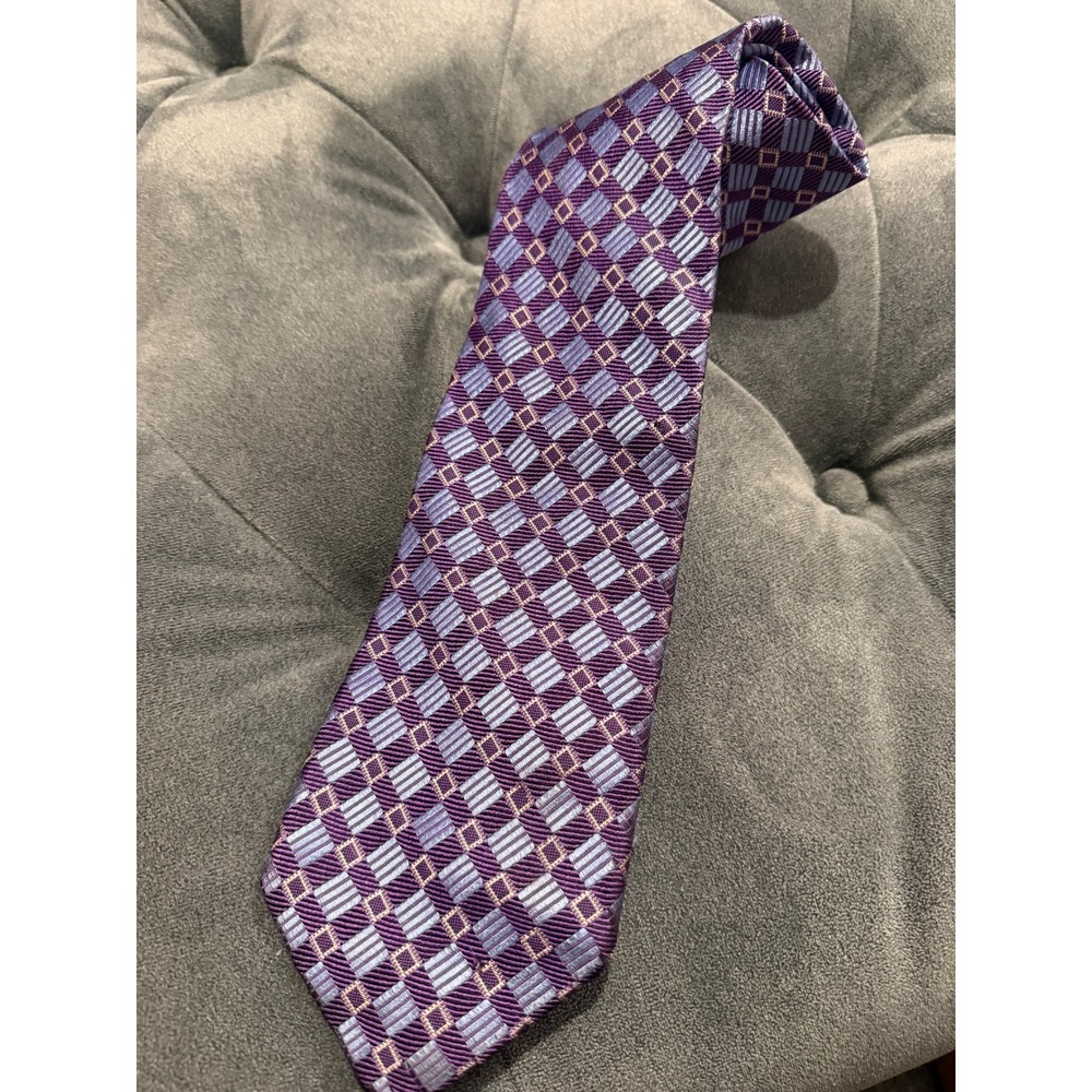 Hickey Freeman Tie Mens OS Purple Blue Excellent Silk Geometric Woven England